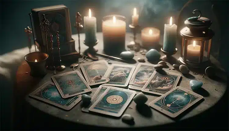 Cartes de tarot, pierres et bougies